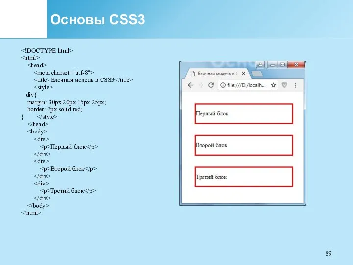 Основы CSS3 Блочная модель в CSS3 div{ margin: 30px 20px