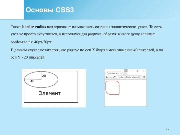 Основы CSS3 Также border-radius поддерживает возможность создания эллиптических углов. То