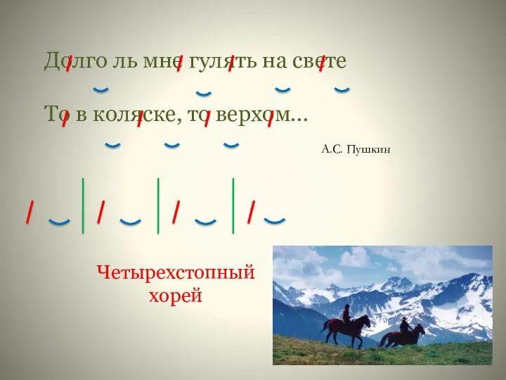 Долго ль мне гулять на свете То в коляске, то верхом… А.С. Пушкин Четырехстопный хорей