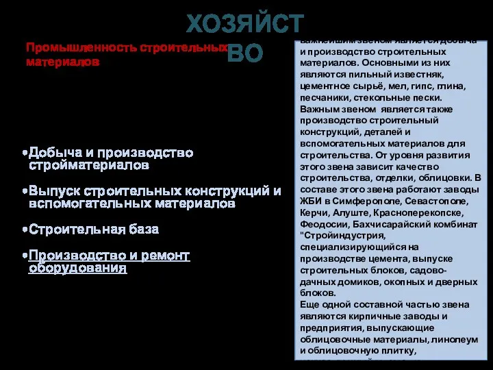 Добыча и производство стройматериалов Выпуск строительных конструкций и вспомогательных материалов