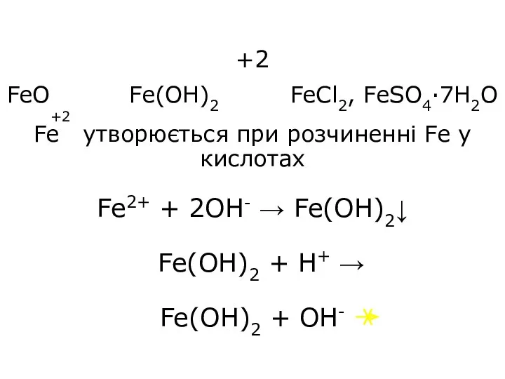 +2 FeO Fe(OH)2 FeCl2, FeSO4·7H2O Fe утворюється при розчиненні Fe