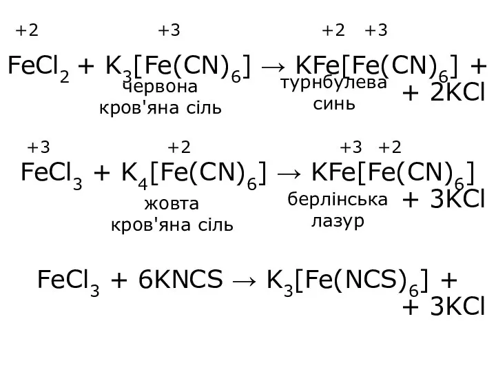 FeCl2 + K3[Fe(CN)6] → KFe[Fe(CN)6] + + 2KCl FeCl3 +