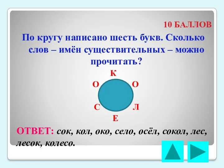 10 БАЛЛОВ По кругу написано шесть букв. Сколько слов –