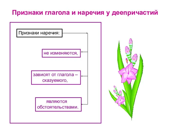 Признаки глагола и наречия у деепричастий Признаки наречия: не изменяются,