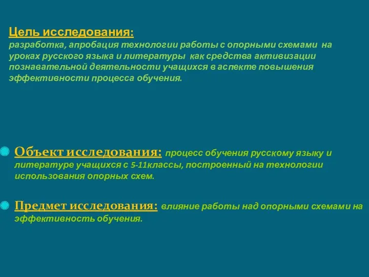 Цель исследования: разработка, апробация технологии работы с опорными схемами на уроках русского языка