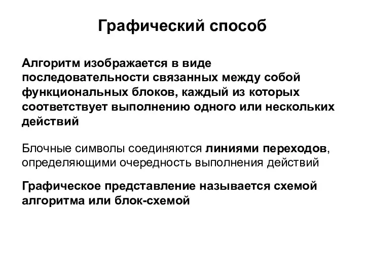 Графический способ Алгоритм изображается в виде последовательности связанных между собой