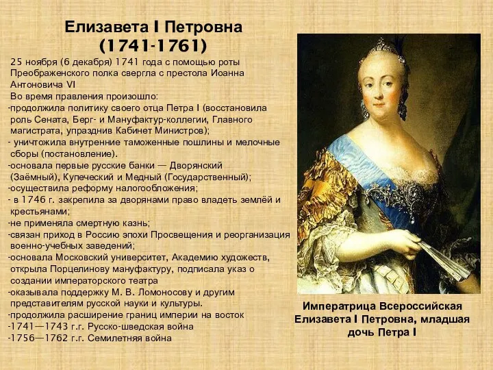 Императрица Всероссийская Елизавета I Петровна, младшая дочь Петра I Елизавета I Петровна (1741-1761)