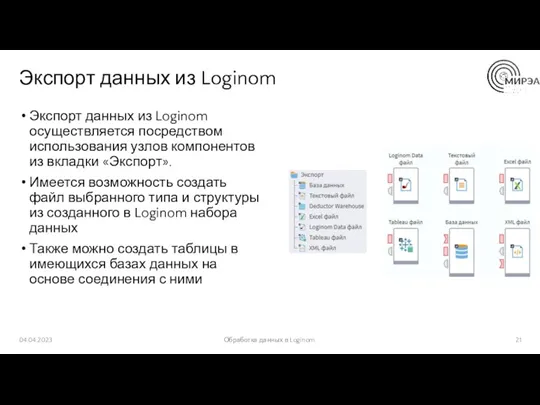 Экспорт данных из Loginom Экспорт данных из Loginom осуществляется посредством