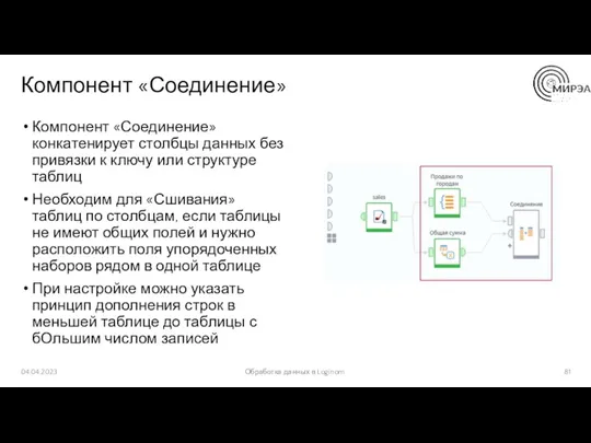 Компонент «Соединение» Компонент «Соединение» конкатенирует столбцы данных без привязки к