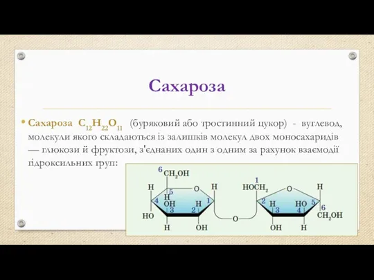 Сахароза Сахароза С12Н22О11 (буряковий або тростинний цукор) - вуглевод, молекули