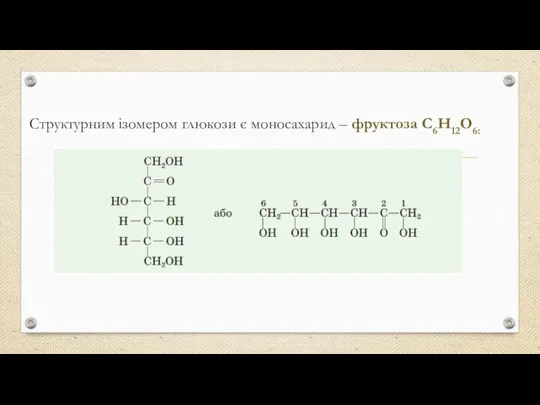 Структурним ізомером глюкози є моносахарид – фруктоза С6Н12О6: