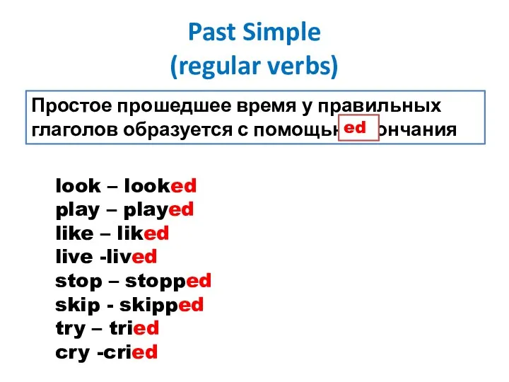 Past Simple (regular verbs) Простое прошедшее время у правильных глаголов