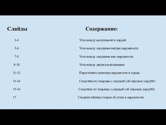 Слайды Содержание: 3-4 Угол между касательной и хордой 5-6 Угол