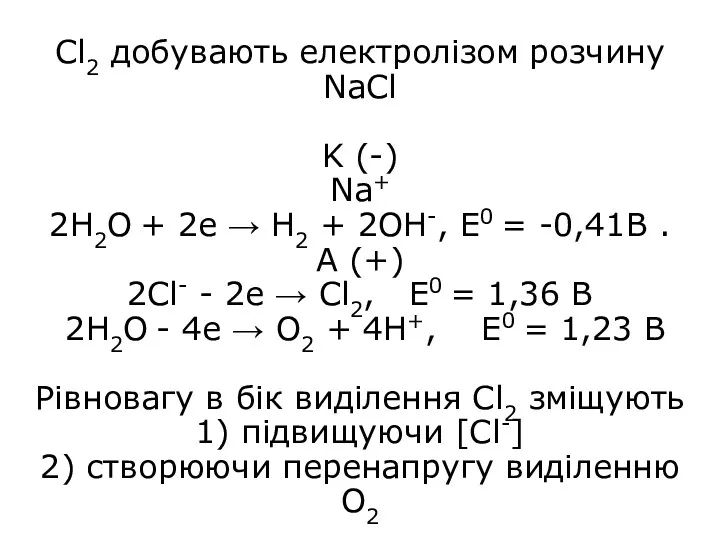 Cl2 добувають електролізом розчину NaCl K (-) Na+ 2H2O +