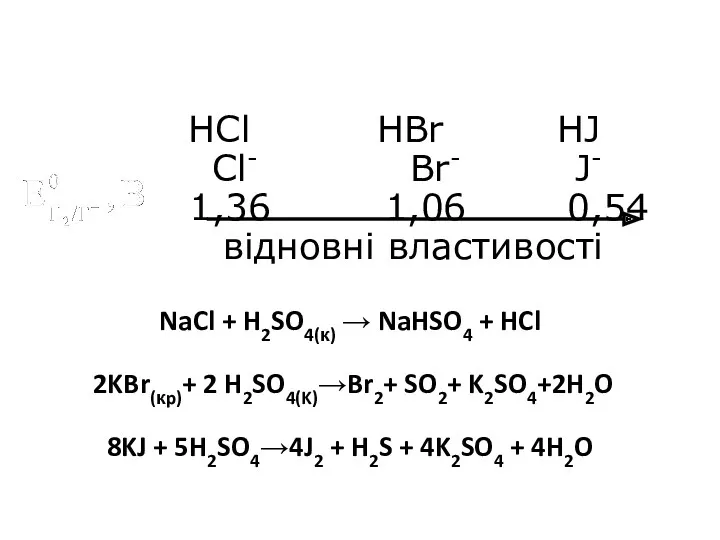 HCl HBr HJ Cl- Br- J- 1,36 1,06 0,54 відновні