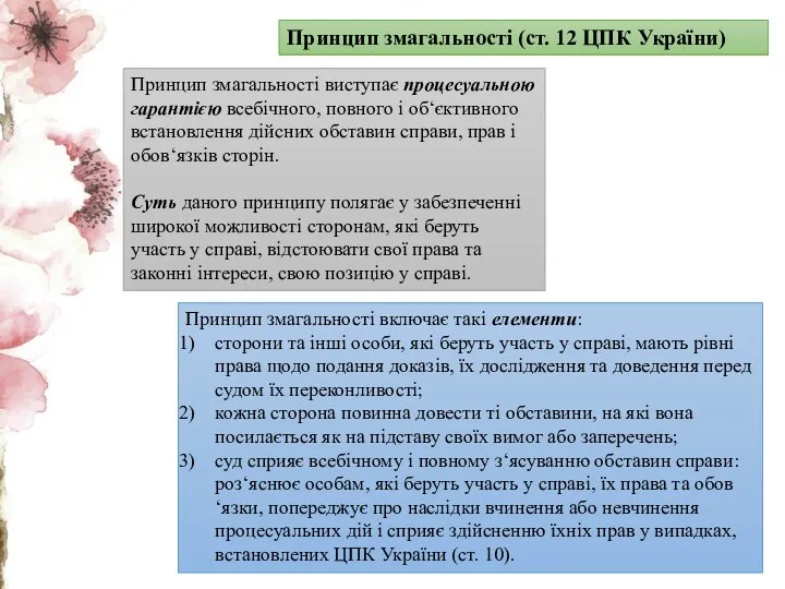 Принцип змагальності (ст. 12 ЦПК України) Принцип змагальності виступає процесуальною
