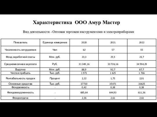 Характеристика ООО Амур Мастер Вид деятельности - Оптовая торговля инструментами и электроприборами