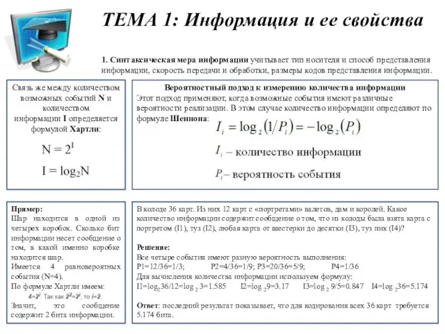 1. Синтаксическая мера информации учитывает тип носителя и способ представления