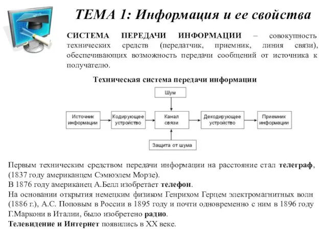 СИСТЕМА ПЕРЕДАЧИ ИНФОРМАЦИИ – совокупность технических средств (передатчик, приемник, линия