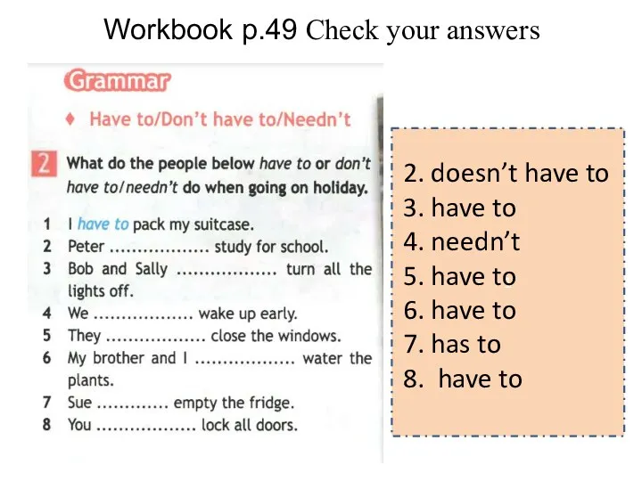 1 Workbook p.49 Check your answers 2. doesn’t have to