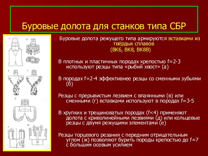 Буровые долота для станков типа СБР Буровые долота режущего типа армируются вставками из