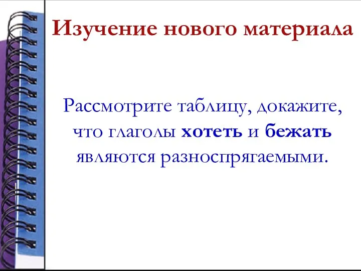 Изучение нового материала Рассмотрите таблицу, докажите, что глаголы хотеть и бежать являются разноспрягаемыми.