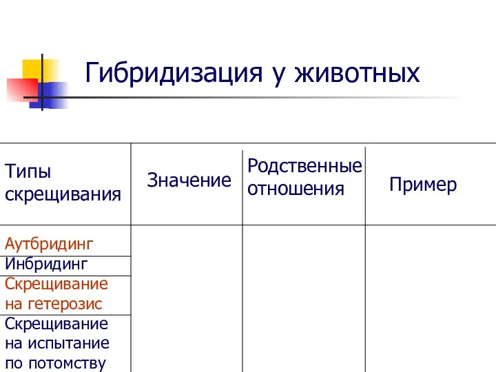 Гибридизация у животных Типы скрещивания Родственные отношения Значение Пример Аутбридинг