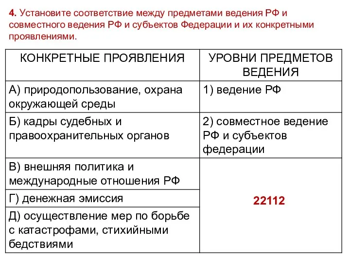 4. Установите соответствие между предметами ведения РФ и совместного ведения РФ и субъектов