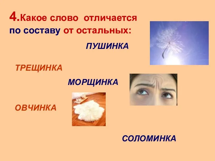 4.Какое слово отличается по составу от остальных: ТРЕЩИНКА ОВЧИНКА ПУШИНКА МОРЩИНКА СОЛОМИНКА