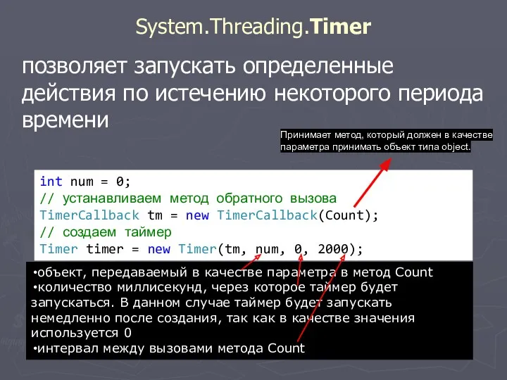 System.Threading.Timer позволяет запускать определенные действия по истечению некоторого периода времени