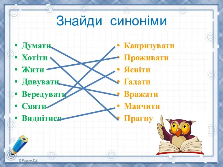 Знайди синоніми Думати Хотіти Жити Дивувати Вередувати Сяяти Виднітися Капризувати Проживати Ясніти Гадати Вражати Маячити Прагнути