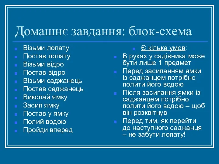 Домашнє завдання: блок-схема Візьми лопату Постав лопату Візьми відро Постав