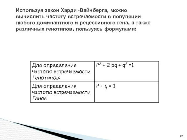 Используя закон Харди -Вайнберга, можно вычислить частоту встречаемости в популяции