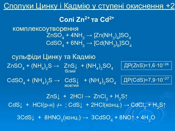 Сполуки Цинку і Кадмію у ступені окиснення +2 Солі Zn2+