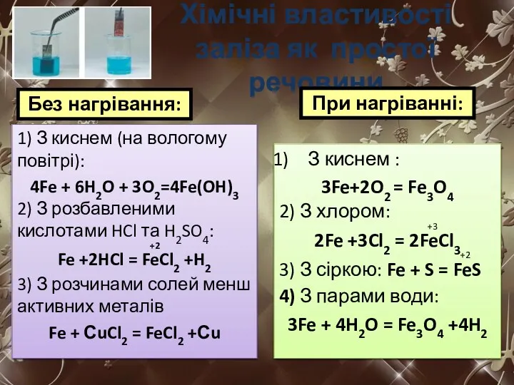 Хімічні властивості заліза як простої речовини 1) З киснем (на