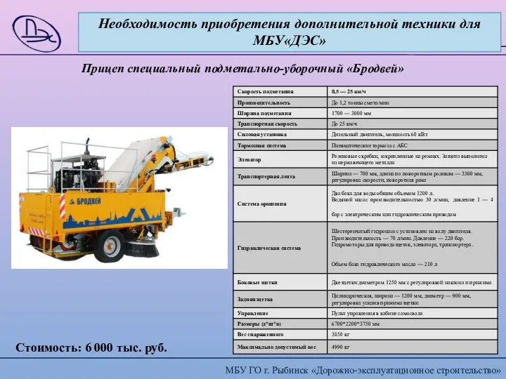 Необходимость приобретения дополнительной техники для МБУ«ДЭС» Прицеп специальный подметально-уборочный «Бродвей» Стоимость: 6 000 тыс. руб.