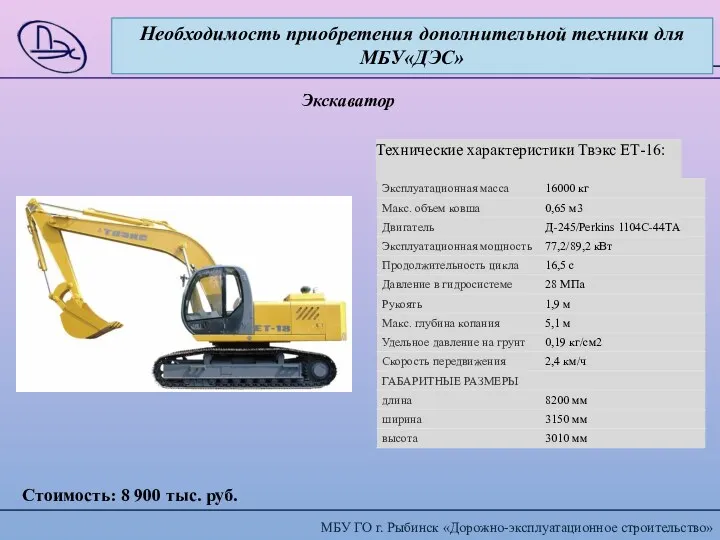 Необходимость приобретения дополнительной техники для МБУ«ДЭС» Экскаватор Стоимость: 8 900 тыс. руб. Технические характеристики Твэкс ЕТ-16: