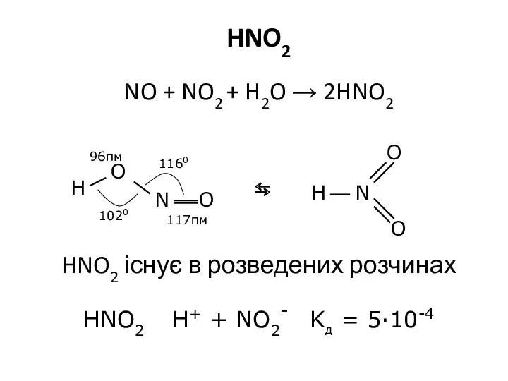 HNO2 NO + NO2 + H2O → 2HNO2 ⇆ HNO2