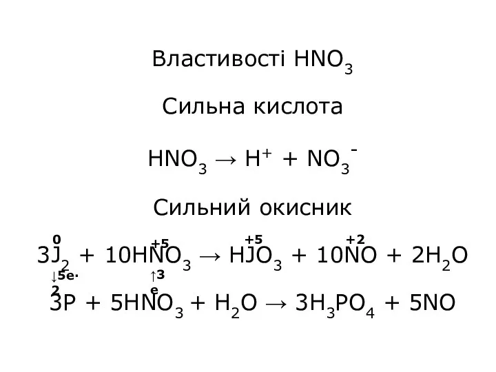 Властивості HNO3 Сильна кислота HNO3 → H+ + NO3- Cильний