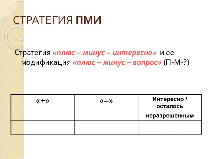 СТРАТЕГИЯ ПМИ Стратегия «плюс – минус – интересно» и ее модификация «плюс –