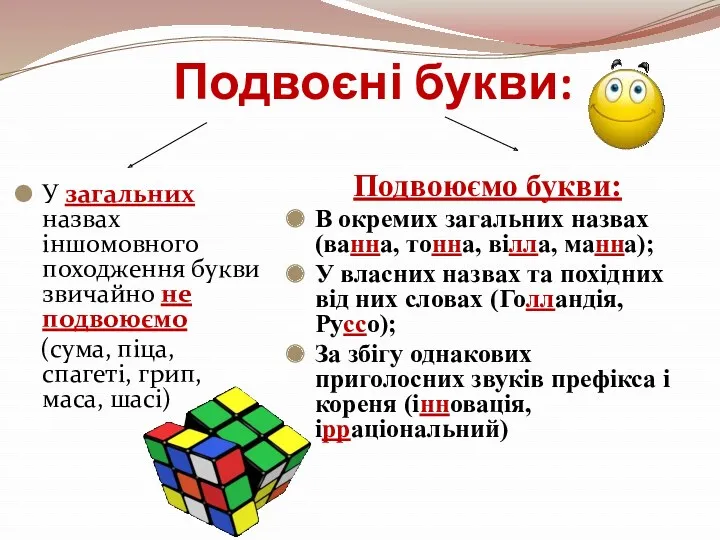 Подвоєні букви: У загальних назвах іншомовного походження букви звичайно не