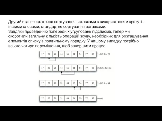 Другий етап – остаточне сортування вставками з використанням кроку 1