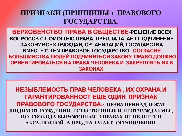 ПРИЗНАКИ (ПРИНЦИПЫ ) ПРАВОВОГО ГОСУДАРСТВА. ВЕРХОВЕНСТВО ПРАВА В ОБЩЕСТВЕ-РЕШЕНИЕ ВСЕХ