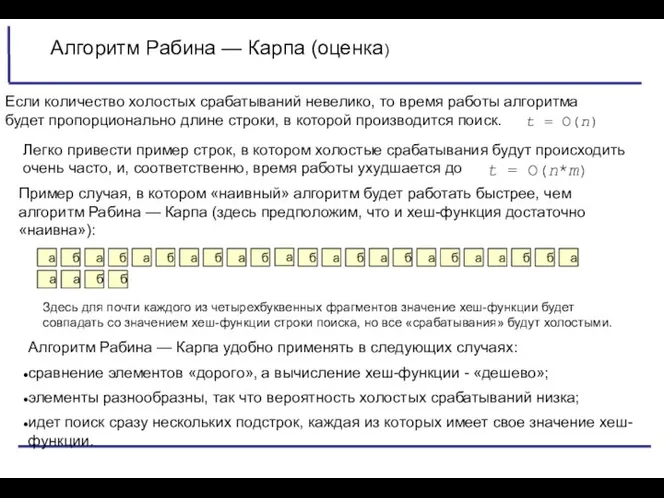 Алгоритм Рабина — Карпа (оценка) Если количество холостых срабатываний невелико,