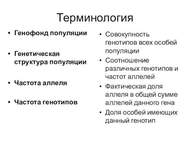 Терминология Генофонд популяции Генетическая структура популяции Частота аллеля Частота генотипов