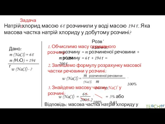 Задача 1. Натрій хлорид масою 6 г розчинили у воді