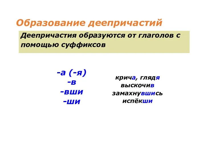 Образование деепричастий Деепричастия образуются от глаголов с помощью суффиксов крича,