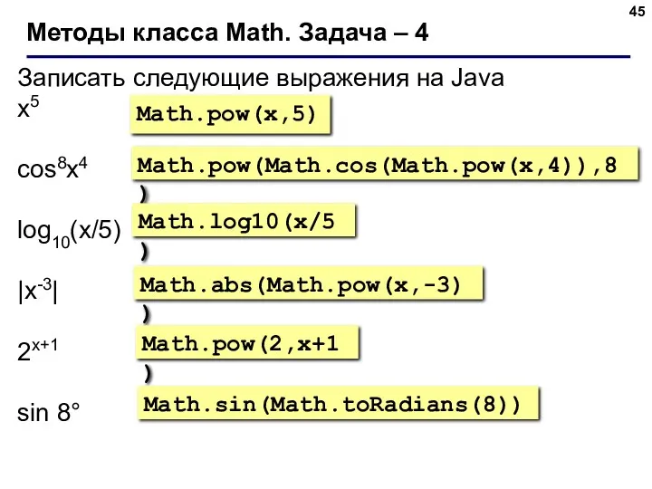Методы класса Math. Задача – 4 Записать следующие выражения на Java x5 cos8x4