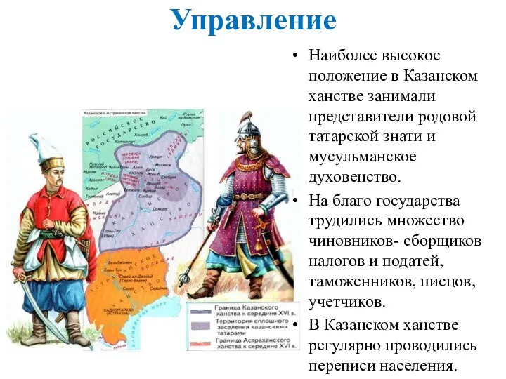 Управление Наиболее высокое положение в Казанском ханстве занимали представители родовой татарской знати и