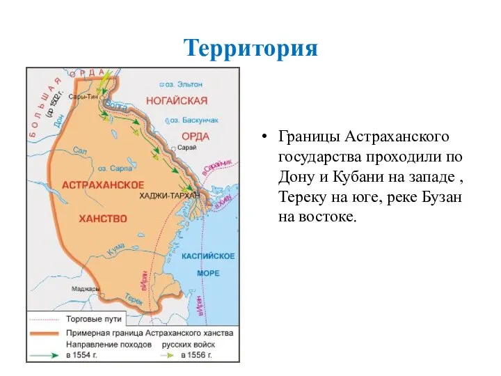 Территория Границы Астраханского государства проходили по Дону и Кубани на западе , Тереку